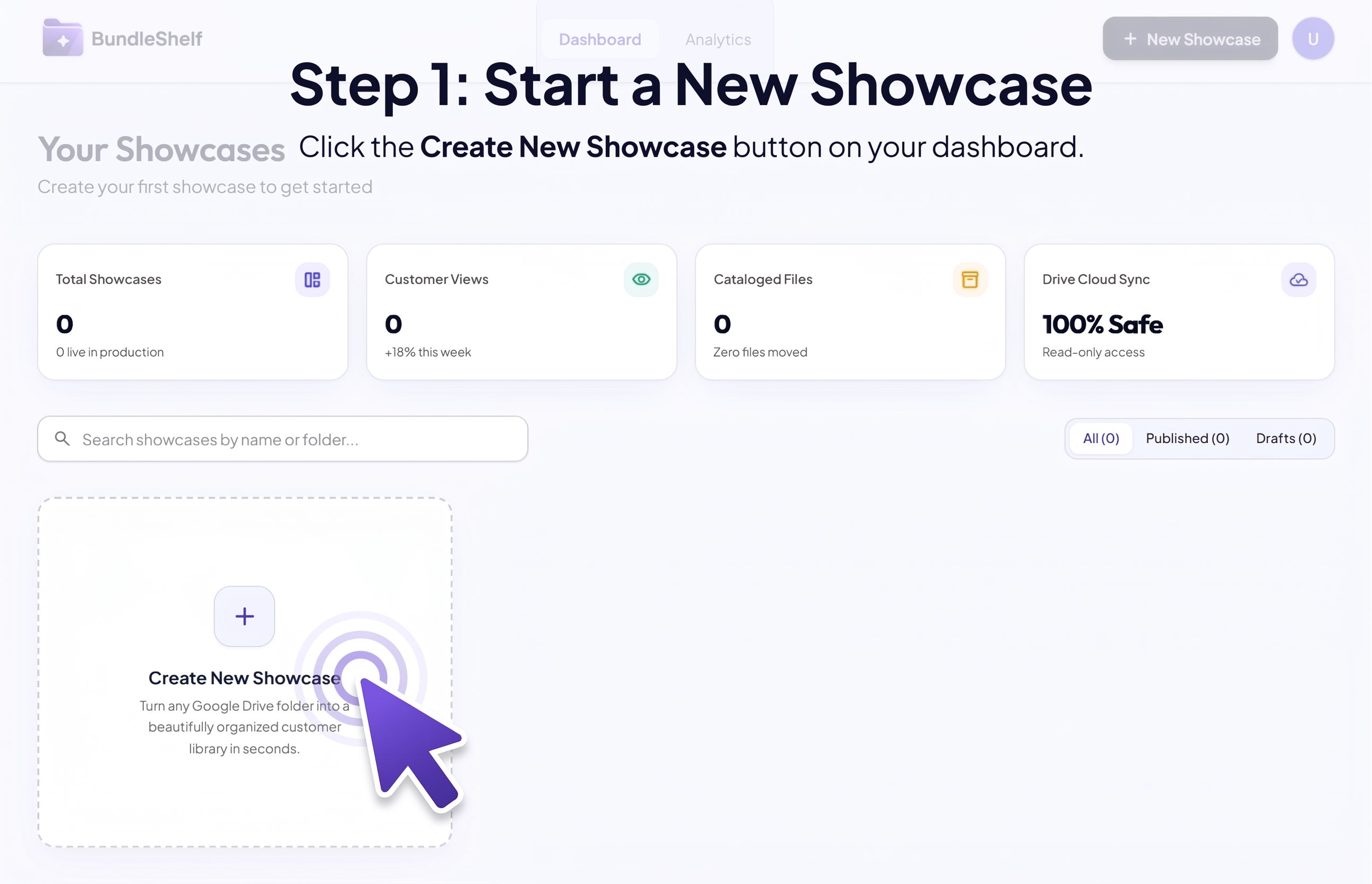 BundleShelf dashboard showing Create New Showcase button