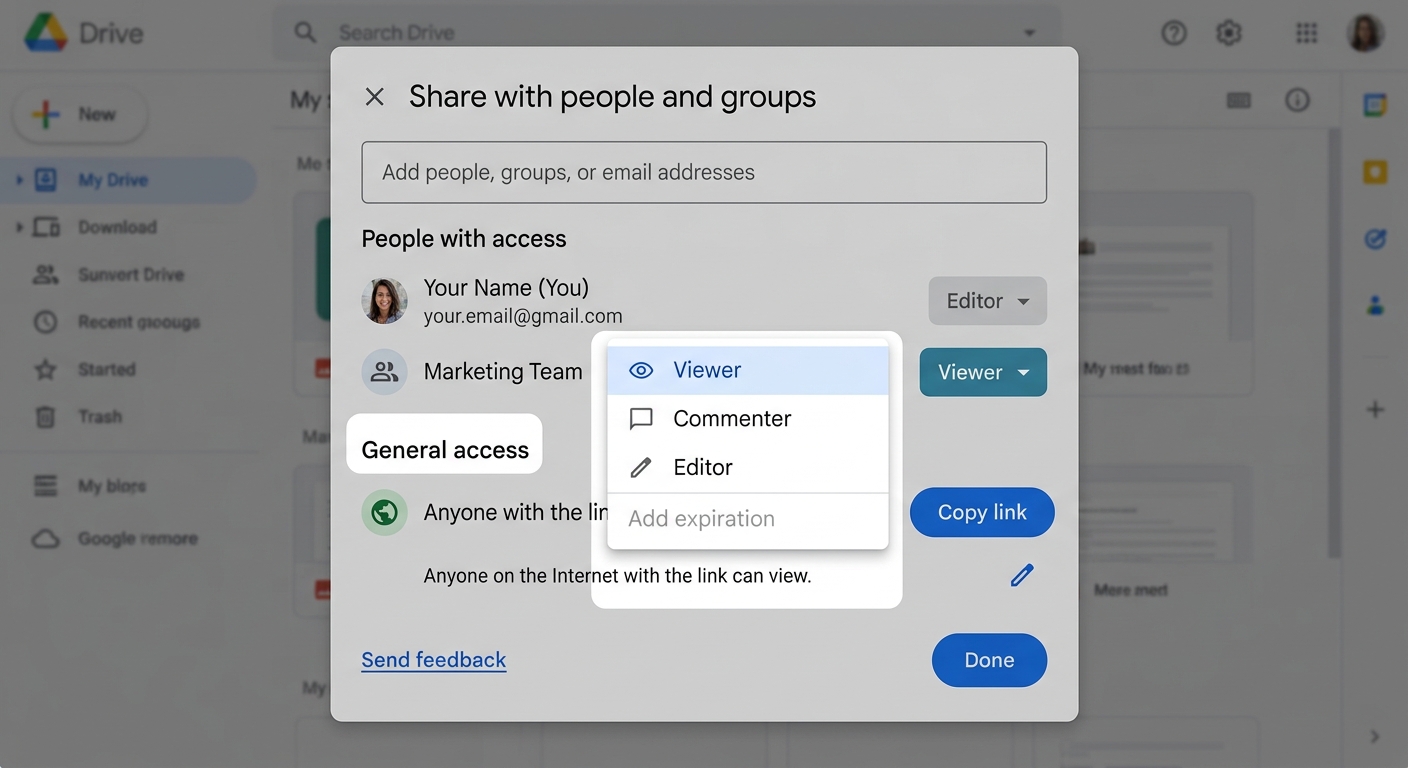 Google Drive file sharing permissions window showing Viewer role selection