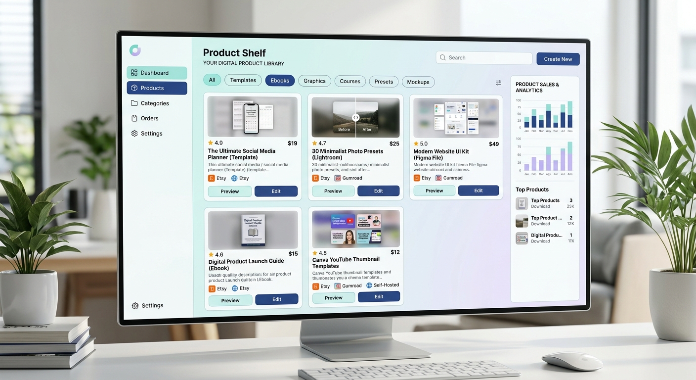 Visual digital product shelf and storefront dashboard organizing template links