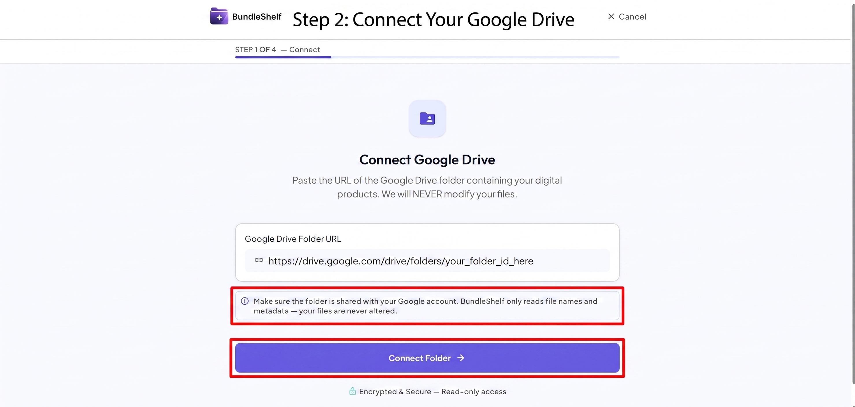 Connect Google Drive screen in BundleShelf