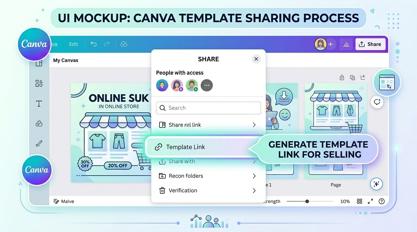 Interface showing Canva share panel and template link option