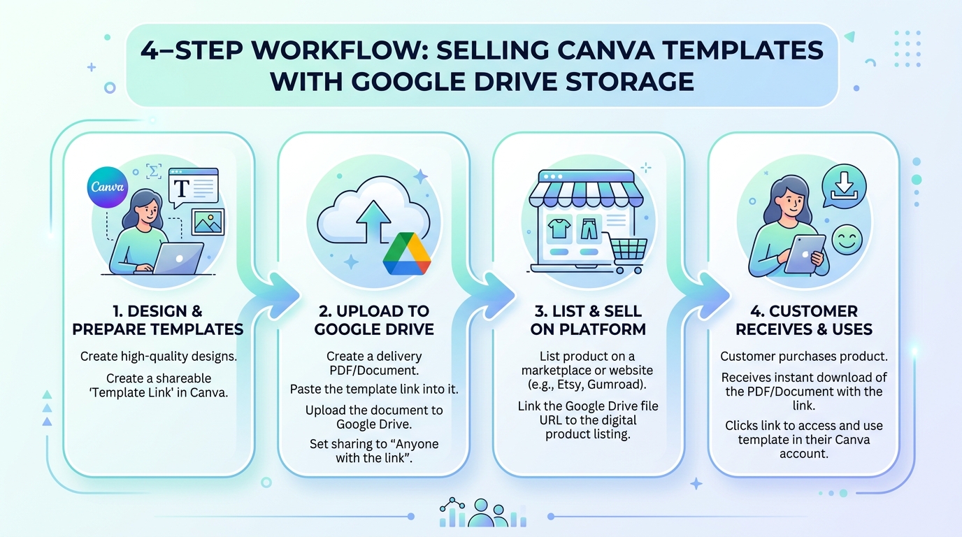Step-by-step workflow for selling Canva templates using Google Drive cloud storage